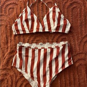 Striped High-Waist Bikini Set in Rust and White